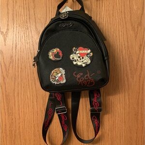 Ed Hardy Black Backpack with Bold Patches Fully adjustable Straps Vegan